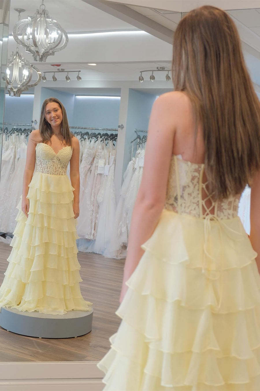 Dreamyannie Blush Pink Prom Dress A-Line Tiered Chiffon Long Formal Dress With Lace