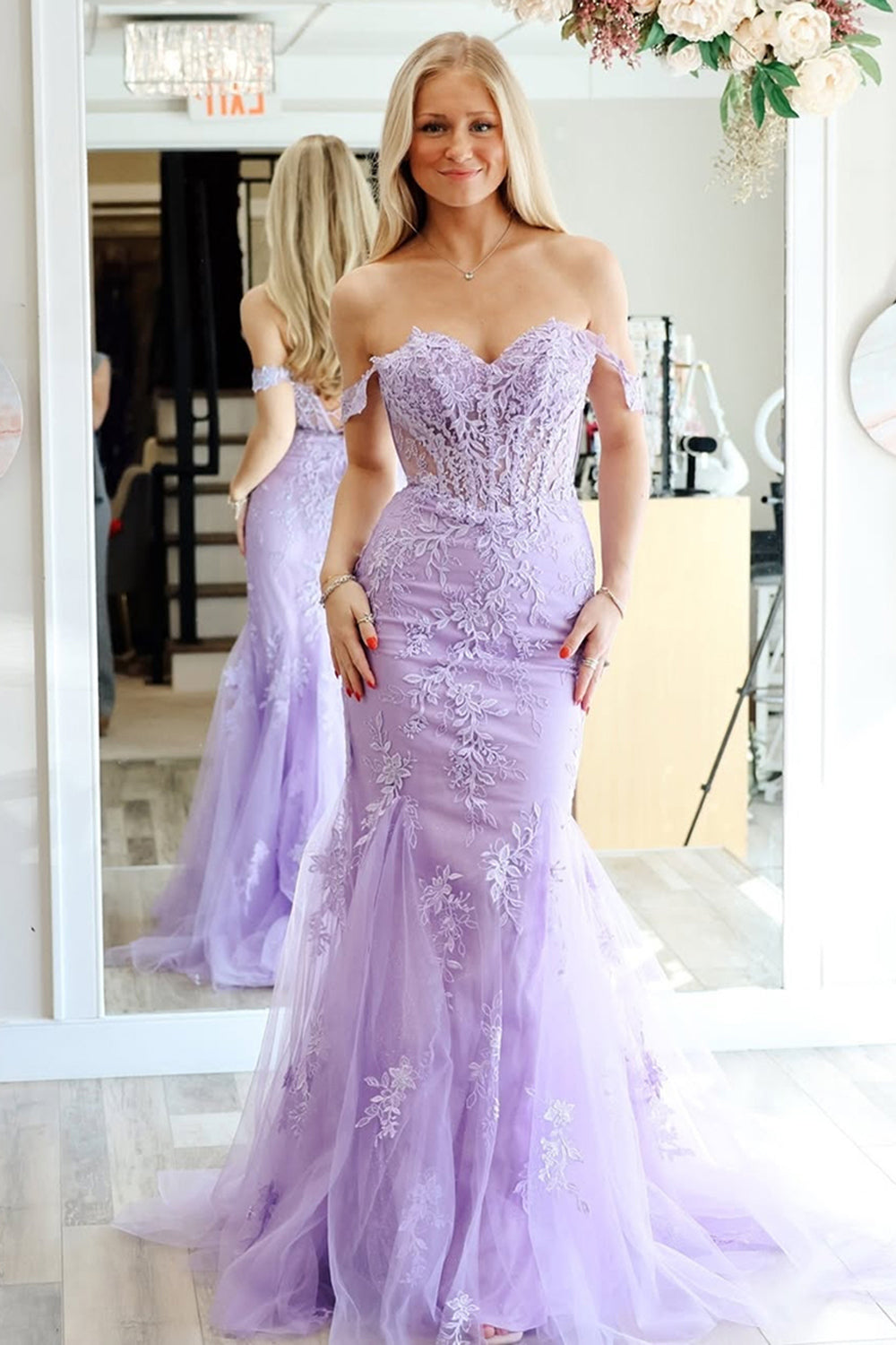 Dreamyannie Lilac Prom Dress Appliqued Off The Shoulder Tulle Formal Dress