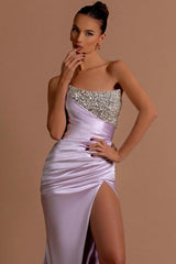 Dreamyannie Lilac Prom Dress Column Strapless Sequined Beading Formal Dress With Slit