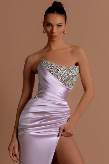 Dreamyannie Lilac Prom Dress Column Strapless Sequined Beading Formal Dress With Slit