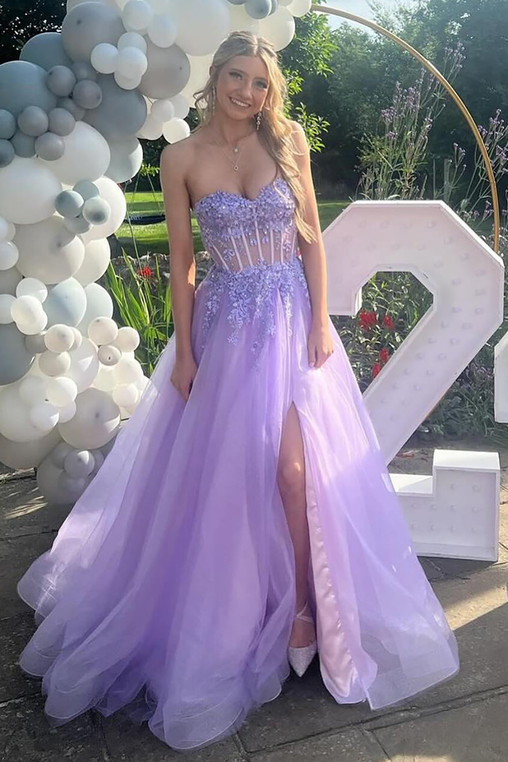 Dreamyannie Lilac Prom Dress Floral A-Line Sweetheart Long Evening Dress With Slit