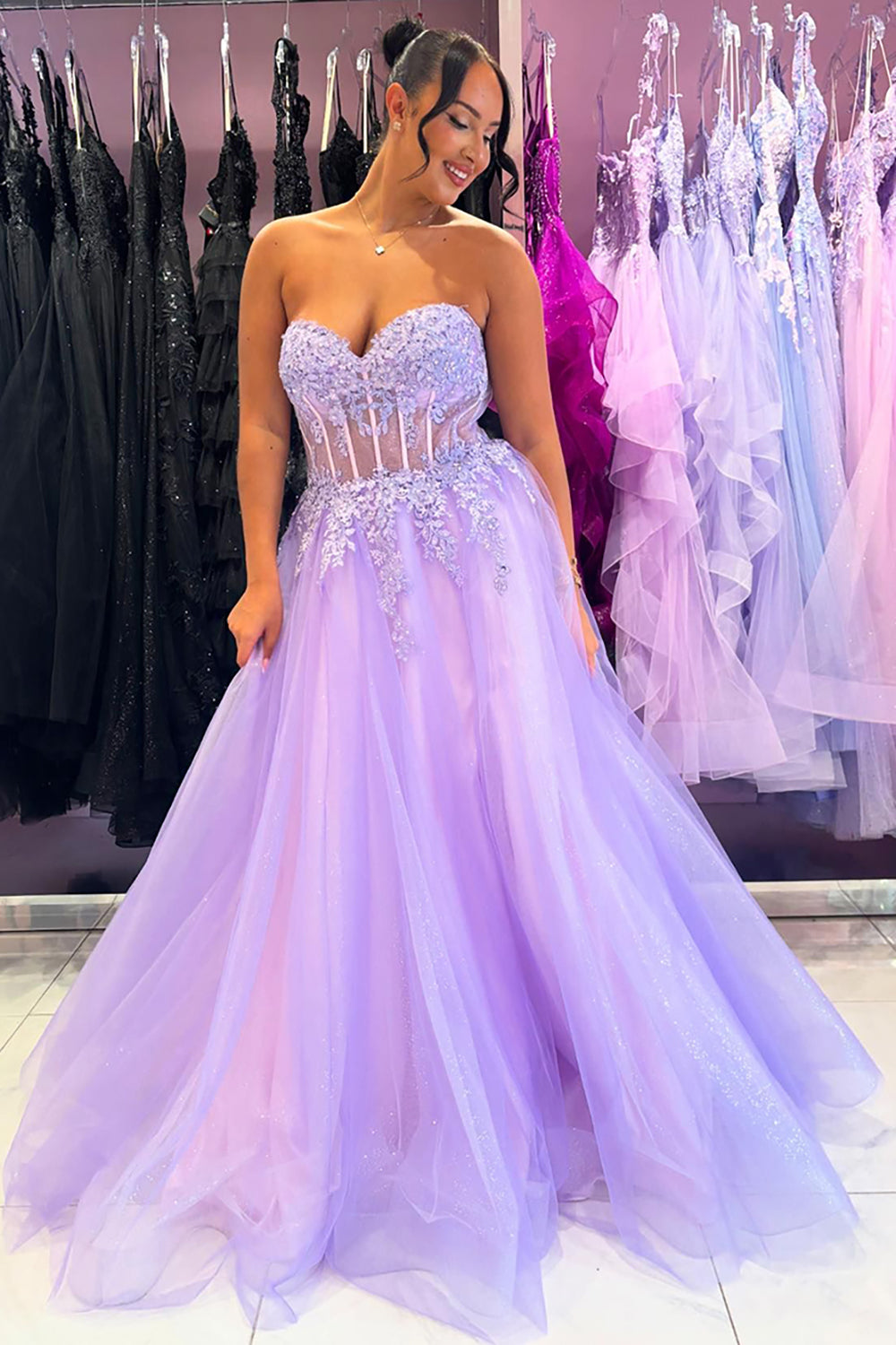 Dreamyannie Lilac Prom Dress Floral A-Line Sweetheart Long Evening Dress With Slit