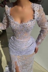 Dreamyannie Lilac Prom Dress Mermaid Square Lace Beaded Sleeves Formal Dress With Slit