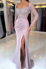 Dreamyannie Lilac Prom Dress Mermaid Square Sleeves Sequined Satin Formal Dress With Slit