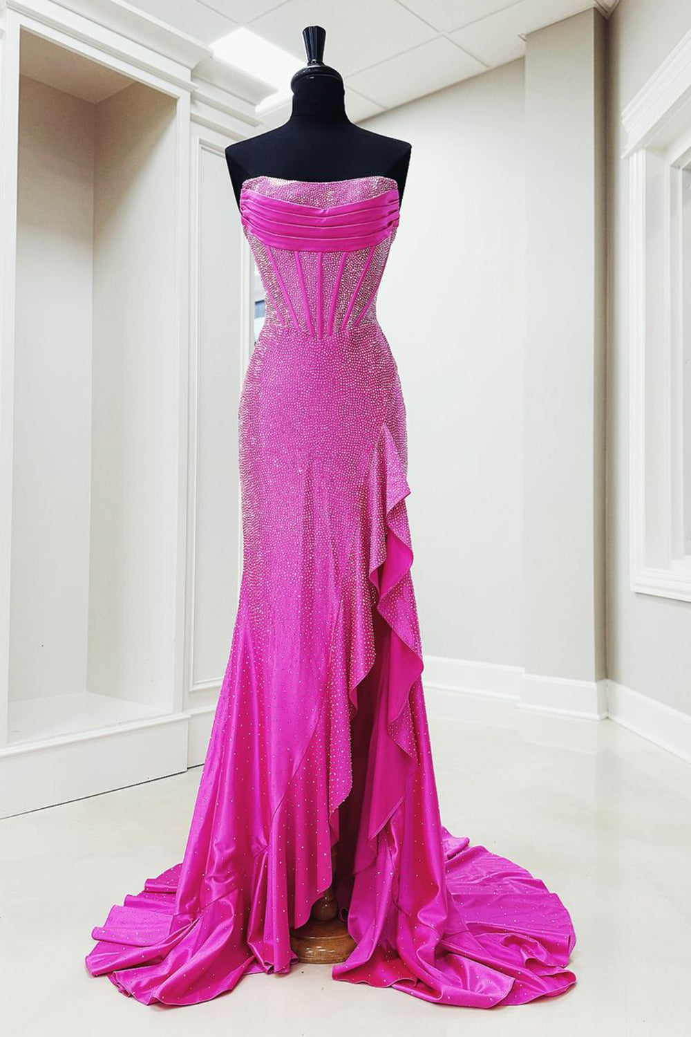 Hot Pink Beaded Prom Dress Strapless Corset Ruffled Evening Dress With Slit