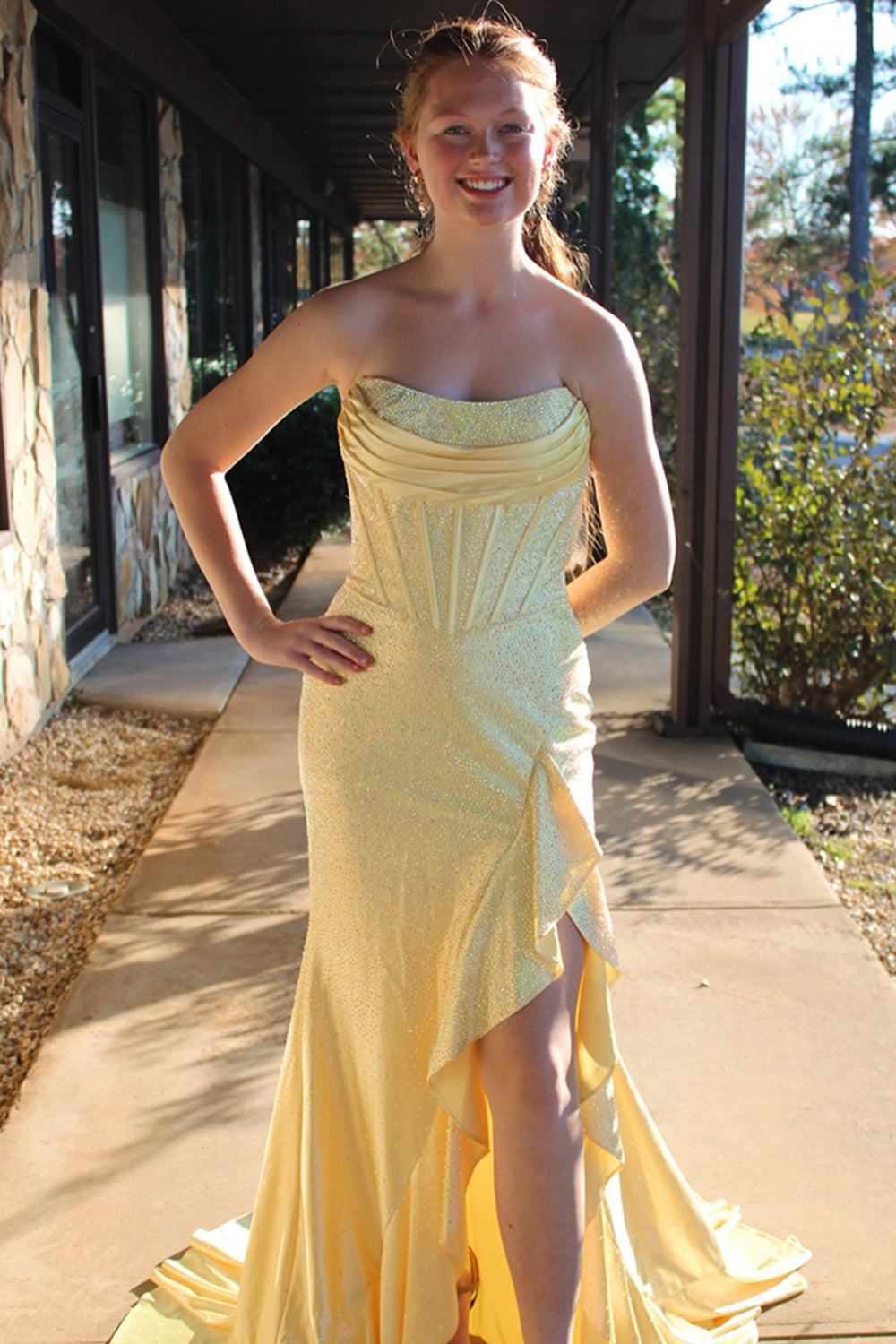 Hot Pink Beaded Prom Dress Strapless Corset Ruffled Evening Dress With Slit