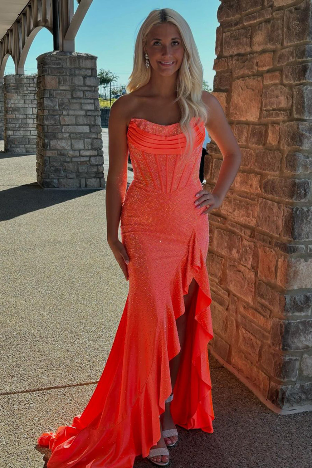Hot Pink Beaded Prom Dress Strapless Corset Ruffled Evening Dress With Slit