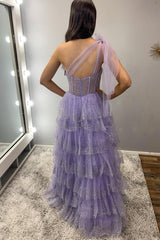 Dreamyannie Lilac Prom Dress Tiered A-Line One Shoulder Long Evening Dress