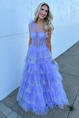 Dreamyannie Lilac Prom Dress Tiered A-Line One Shoulder Long Evening Dress