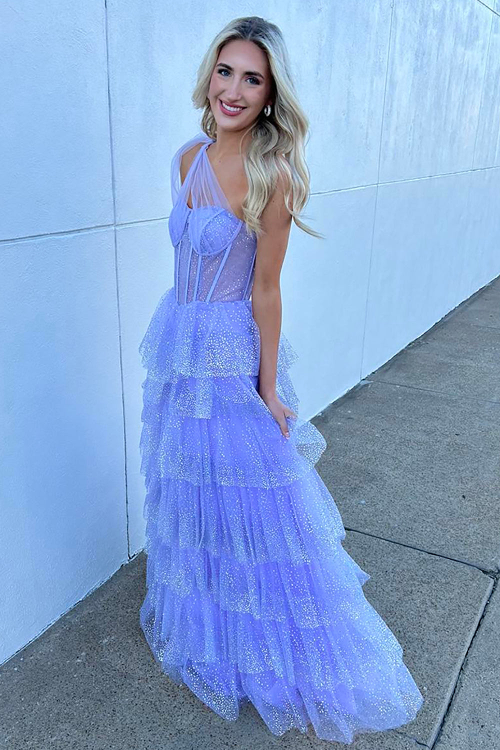 Dreamyannie Lilac Prom Dress Tiered A-Line One Shoulder Long Evening Dress