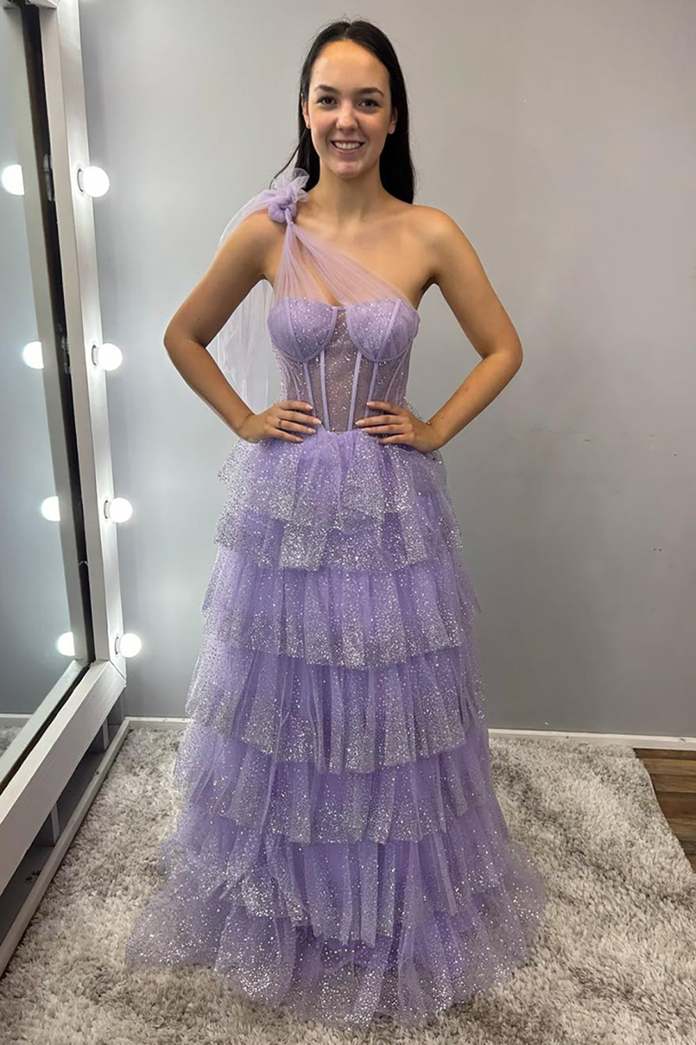 Dreamyannie Lilac Prom Dress Tiered A-Line One Shoulder Long Evening Dress
