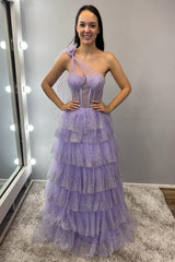 Dreamyannie Lilac Prom Dress Tiered A-Line One Shoulder Long Evening Dress