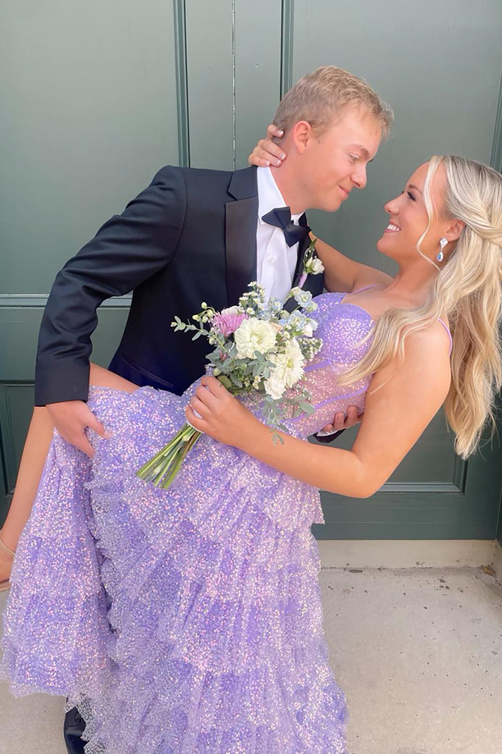 Dreamyannie Lilac Prom Dress Tiered A-Line Spaghetti Straps Long Evening Dress With Slit