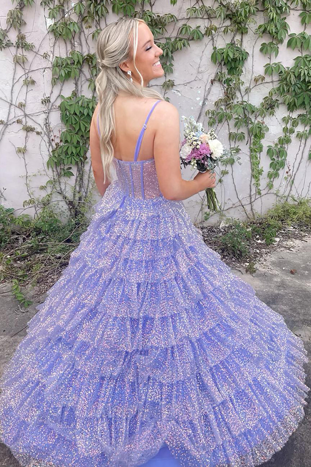 Dreamyannie Lilac Prom Dress Tiered A-Line Spaghetti Straps Long Evening Dress With Slit