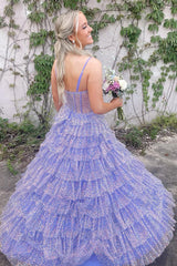Dreamyannie Lilac Prom Dress Tiered A-Line Spaghetti Straps Long Evening Dress With Slit