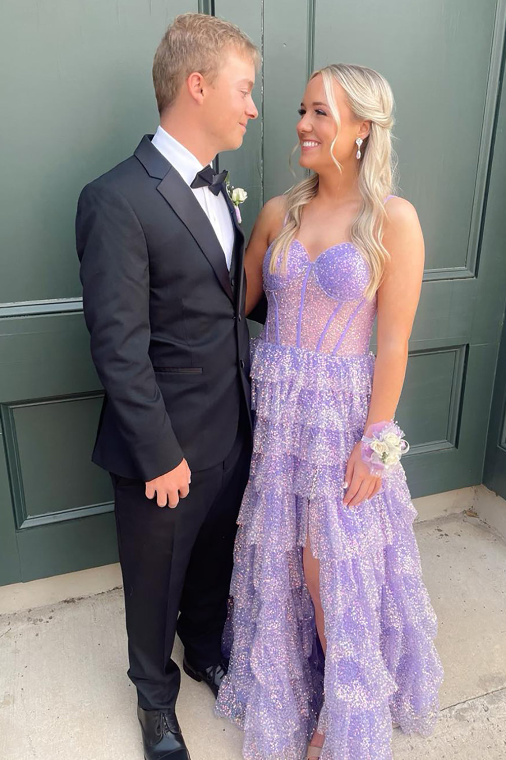 Dreamyannie Lilac Prom Dress Tiered A-Line Spaghetti Straps Long Evening Dress With Slit