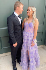 Dreamyannie Lilac Prom Dress Tiered A-Line Spaghetti Straps Long Evening Dress With Slit