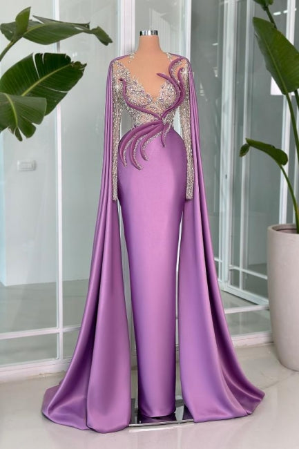Dreamyannie Lilac Prom Dress V Neck Portrait Beading Satin Sleeve Lace Evening Formal Dress