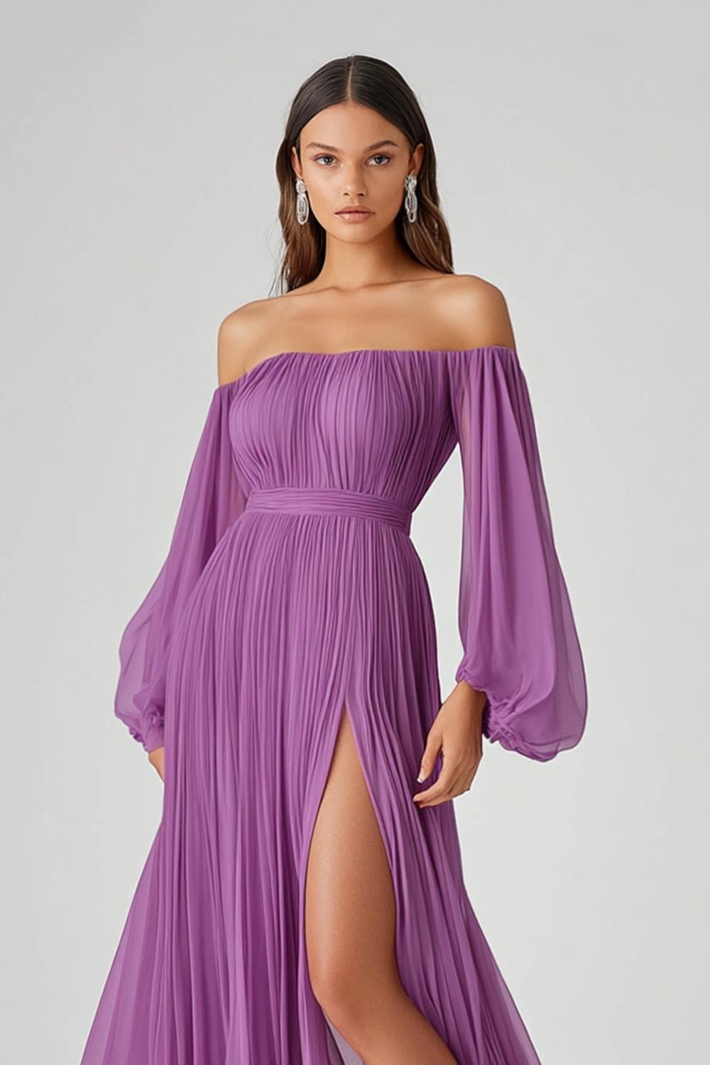 Dreamyannie Long Chiffon Purple Wedding Guest Dress A Line Long Sleeves Formal Dress With Slit
