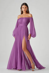 Dreamyannie Long Chiffon Purple Wedding Guest Dress A Line Long Sleeves Formal Dress With Slit