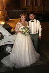 Dreamyannie Long Sleeve Plus Size Wedding Dress V Neck A Line Bridal Gown with Lace