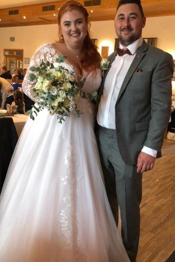 Dreamyannie Long Sleeve Plus Size Wedding Dress V Neck A Line Bridal Gown with Lace