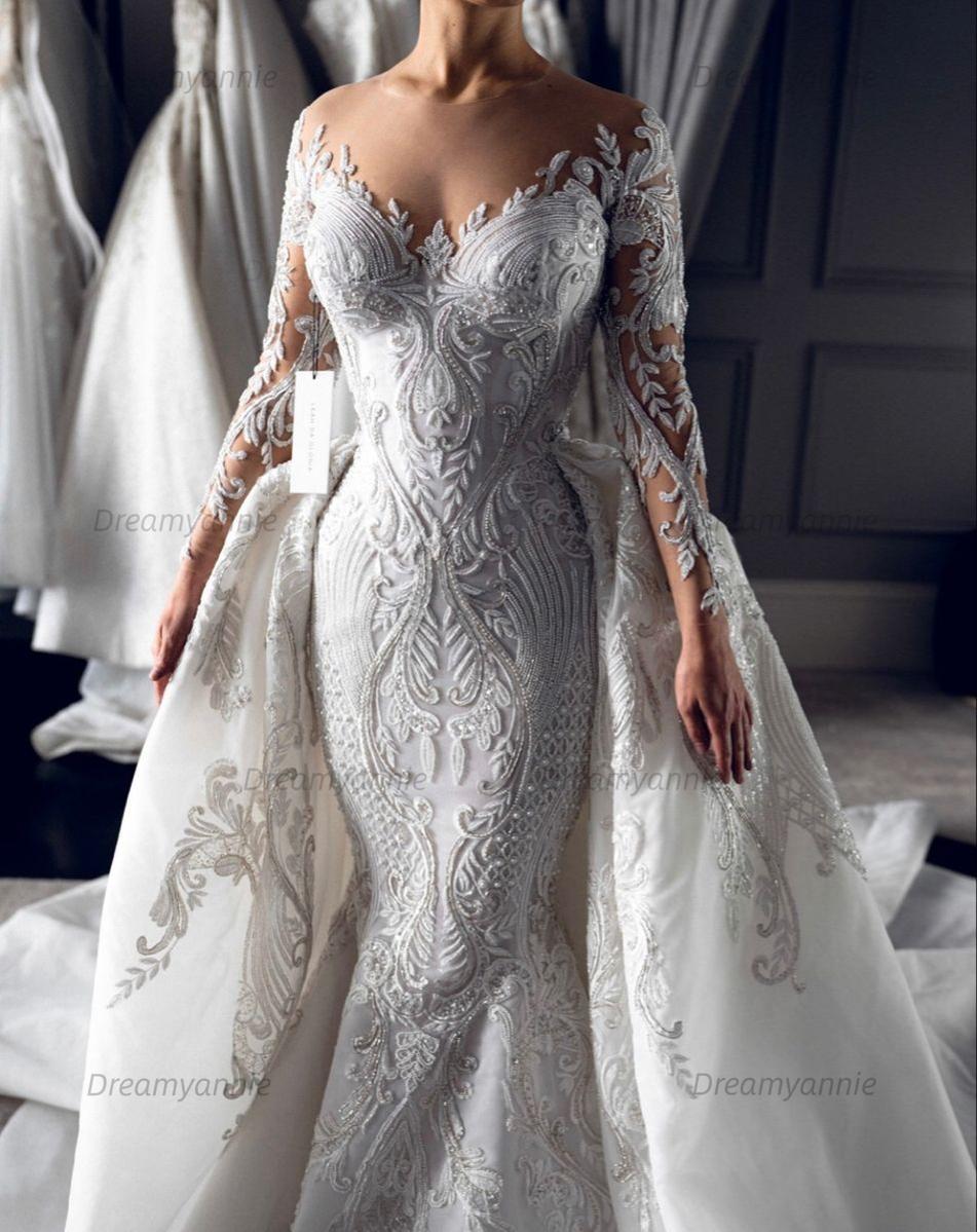Dreamyannie Long Sleeve Wedding Dress Ivory Mermaid Crew Neck Bridal Gown with Detachable Train
