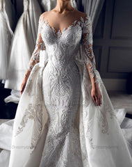 Dreamyannie Long Sleeve Wedding Dress Ivory Mermaid Crew Neck Bridal Gown with Detachable Train