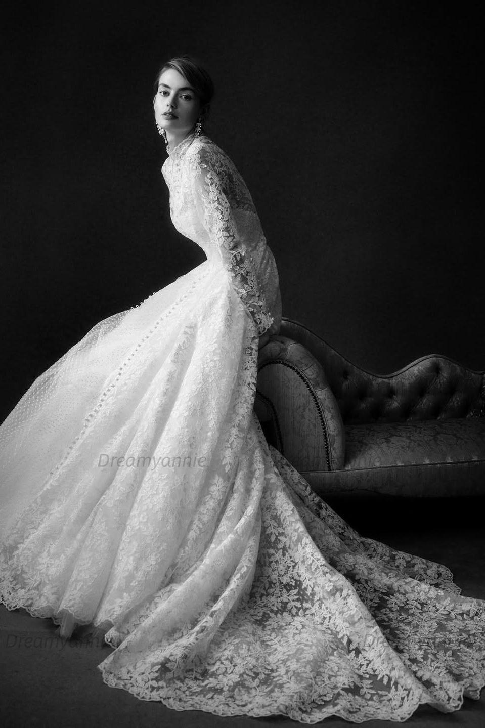 Dreamyannie Long Sleeve Wedding Dress Lace High Neck A Line Bridal Gown