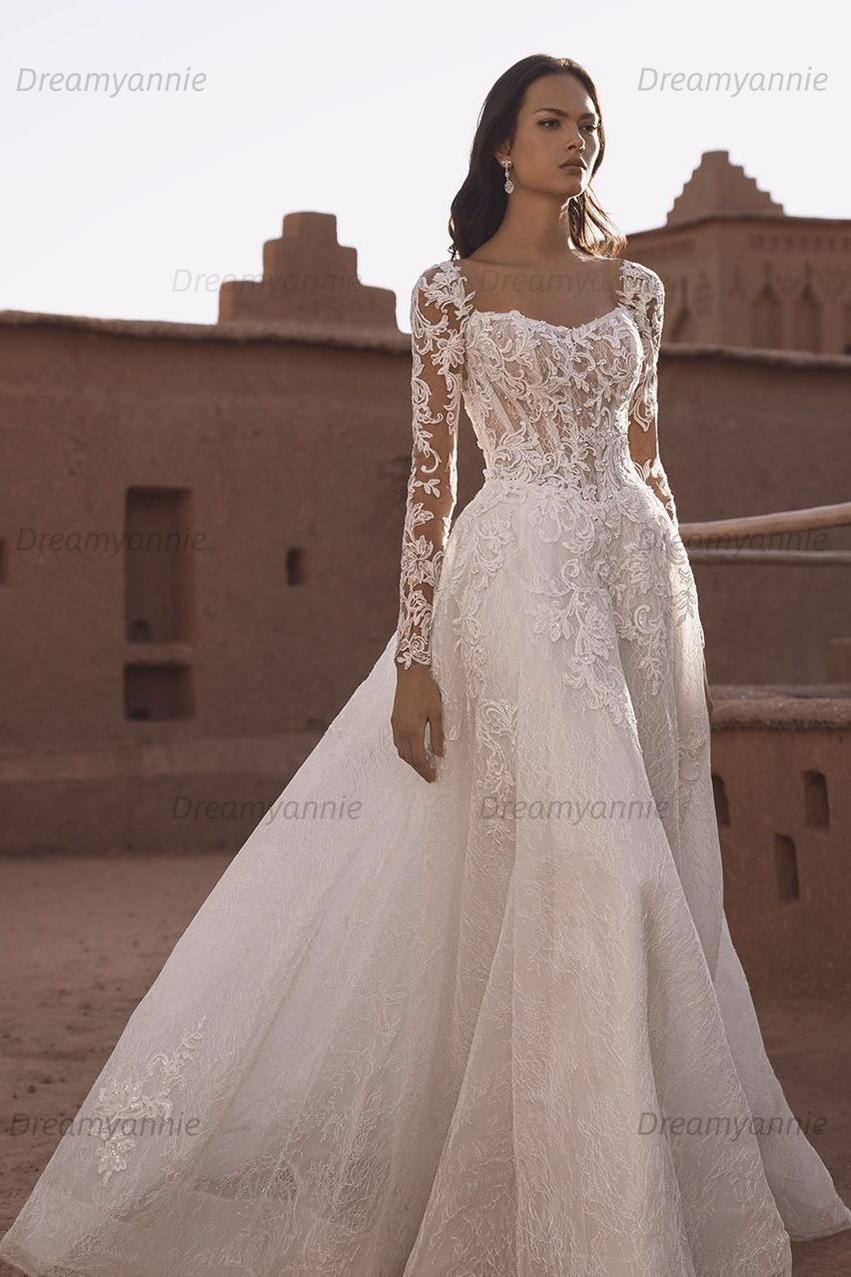 Dreamyannie Long Sleeve Wedding Dress Tulle A Line Bridal Gown