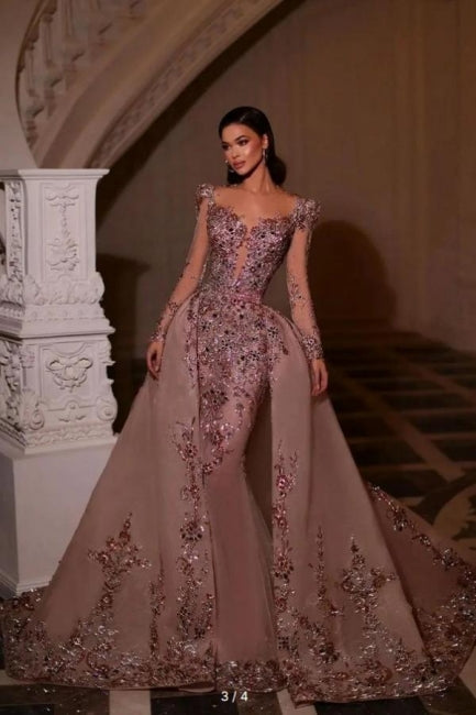 Dreamyannie Long Sleeves Prom Dress V Neck Beaded Tulle Formal Dress With Detachable Panel Train