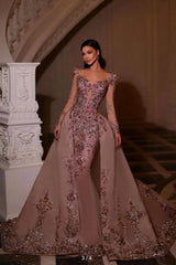 Dreamyannie Long Sleeves Prom Dress V Neck Beaded Tulle Formal Dress With Detachable Panel Train