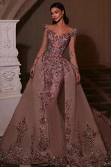 Dreamyannie Long Sleeves Prom Dress V Neck Beaded Tulle Formal Dress With Detachable Panel Train