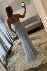 Dreamyannie Luxurious Mermaid Strapless Light Blue Corset Prom Dress With Pearls Split Front Formal Evening Gown