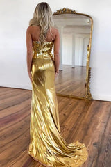 Dreamyannie Luxury Gold Strapless Metallic Prom Dress With Mirror Top & Side Slit Formal Evening Gown