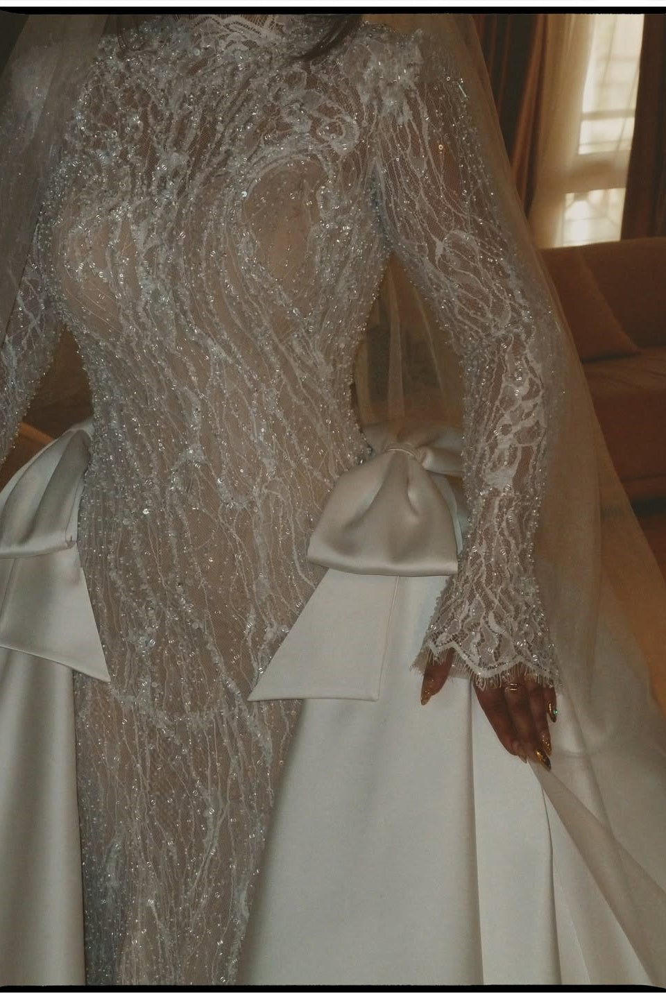 Dreamyannie Luxury Long Sleeve Wedding Dress Beaded Mermaid High Neck Bridal Gown with Detachable Train