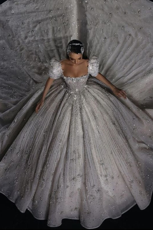 Dreamyannie Luxury Short Sleeve Wedding Dress Ball Gown Square Neck Bridal Gown with Beadings and Rhinestones