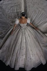 Dreamyannie Luxury Short Sleeve Wedding Dress Ball Gown Square Neck Bridal Gown with Beadings and Rhinestones