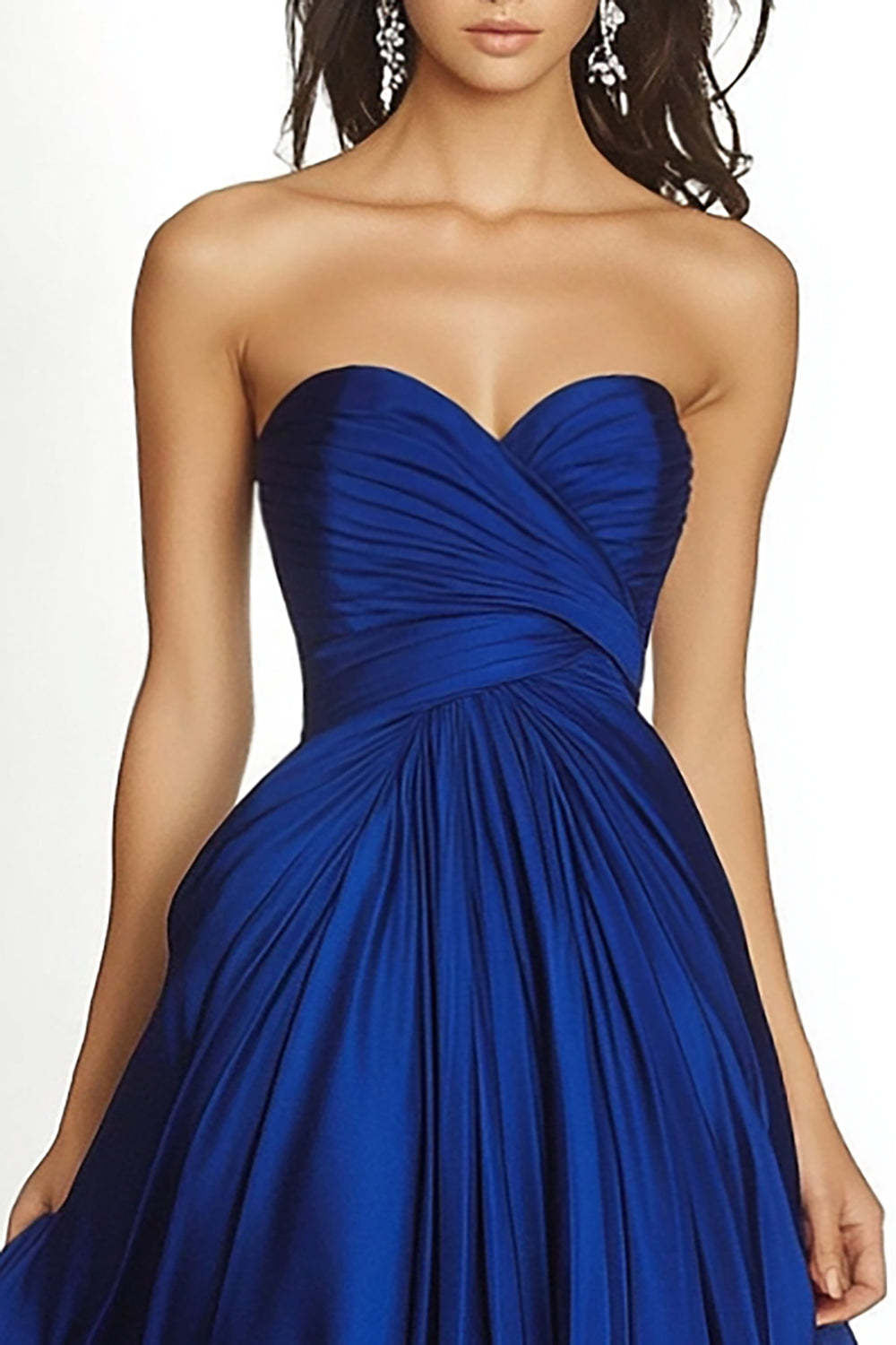 Dreamyannie Maxi A Line Royal Blue Wedding Guest Dress Pleated Asymmetric Chiffon Strapless Formal Dress