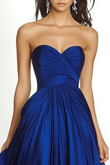 Dreamyannie Maxi A Line Royal Blue Wedding Guest Dress Pleated Asymmetric Chiffon Strapless Formal Dress