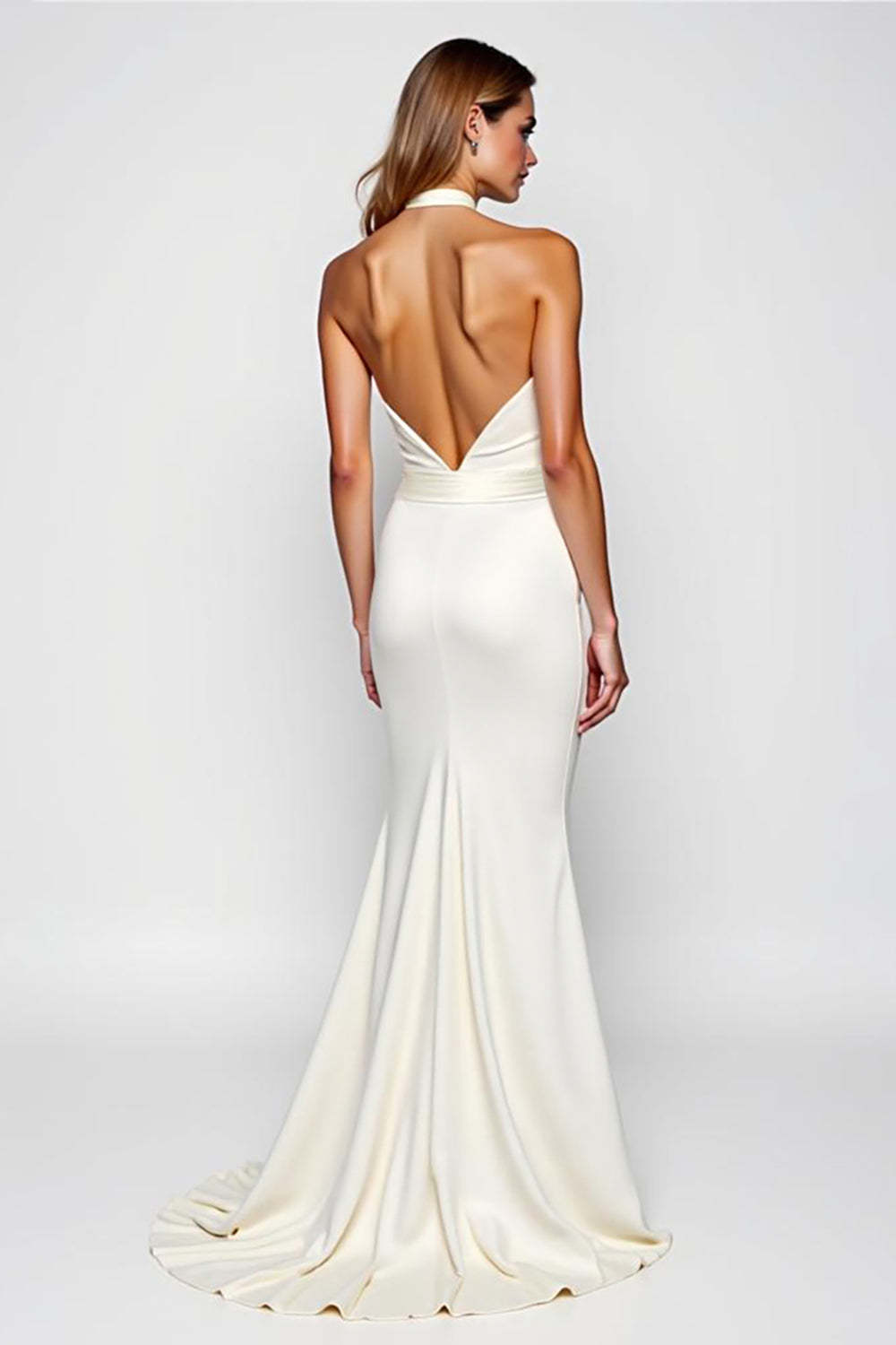Dreamyannie Mermaid Backless White Halter Long Formal Dress