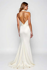 Dreamyannie Mermaid Backless White Halter Long Formal Dress