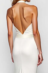 Dreamyannie Mermaid Backless White Halter Long Formal Dress