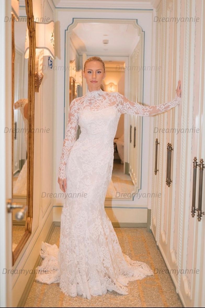 Dreamyannie UK Mermaid Beach Wedding Dress Long Sleeve High Neck Lace Bridal Gown Dreamyannie UK Mermaid Beach Wedding Dress Long Sleeve High Neck Lace Bridal Gown