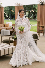 Dreamyannie Mermaid Beach Wedding Dress Long Sleeve Lace High Neck Bridal Gown