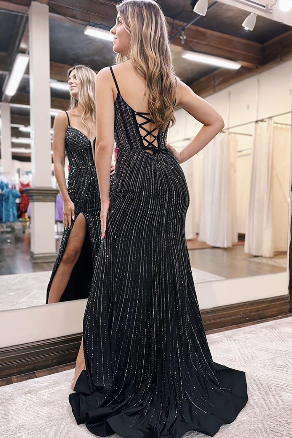 Dreamyannie Mermaid Black Prom Dress Beaded Corset Long Evening Dress With Slit