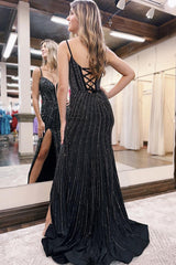 Dreamyannie Mermaid Black Prom Dress Beaded Corset Long Evening Dress With Slit