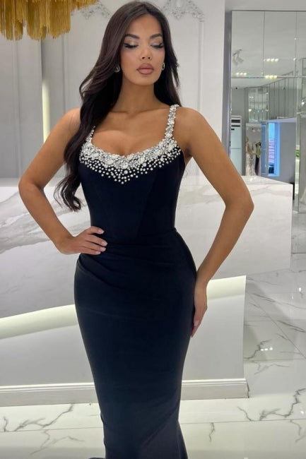Dreamyannie Mermaid Black Prom Dress Sleeveless Rhinestones Evening Dress
