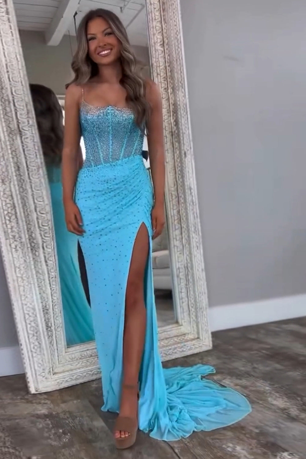 Dreamyannie Mermaid Black Prom Dress Spaghetti Straps Corset Long Formal Dress With Slit