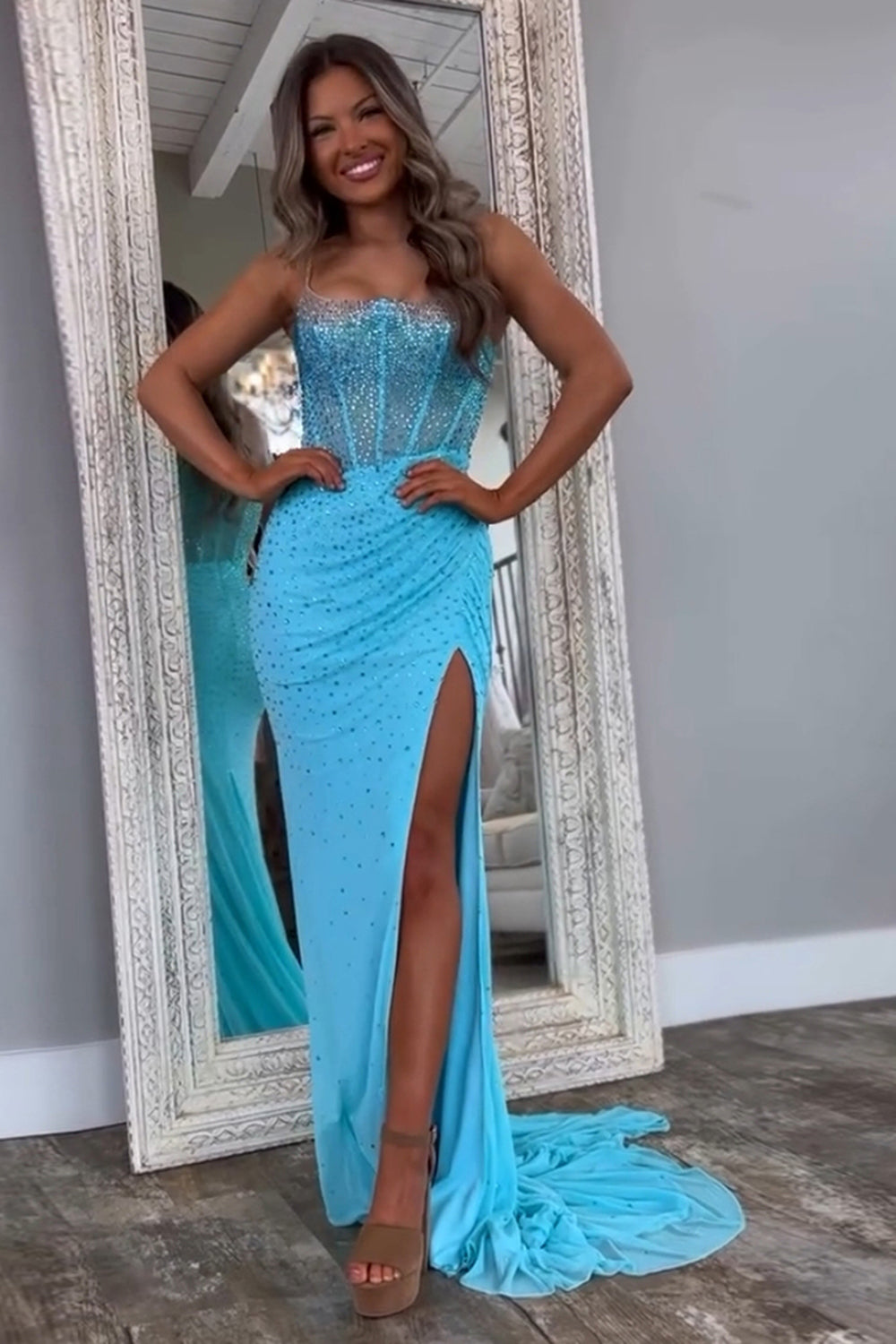 Dreamyannie Mermaid Black Prom Dress Spaghetti Straps Corset Long Formal Dress With Slit